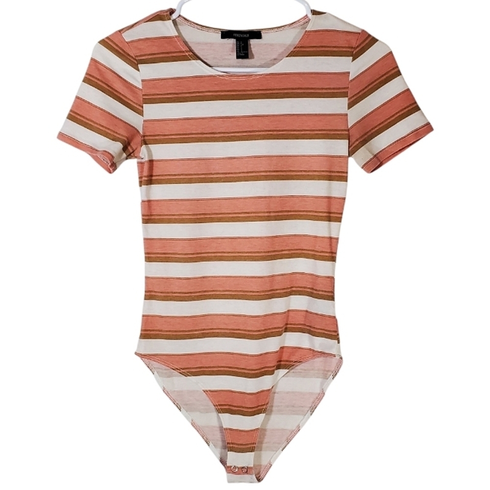 2402 * Forever 21 Stripe Bodysuit Orange White Tan Size S